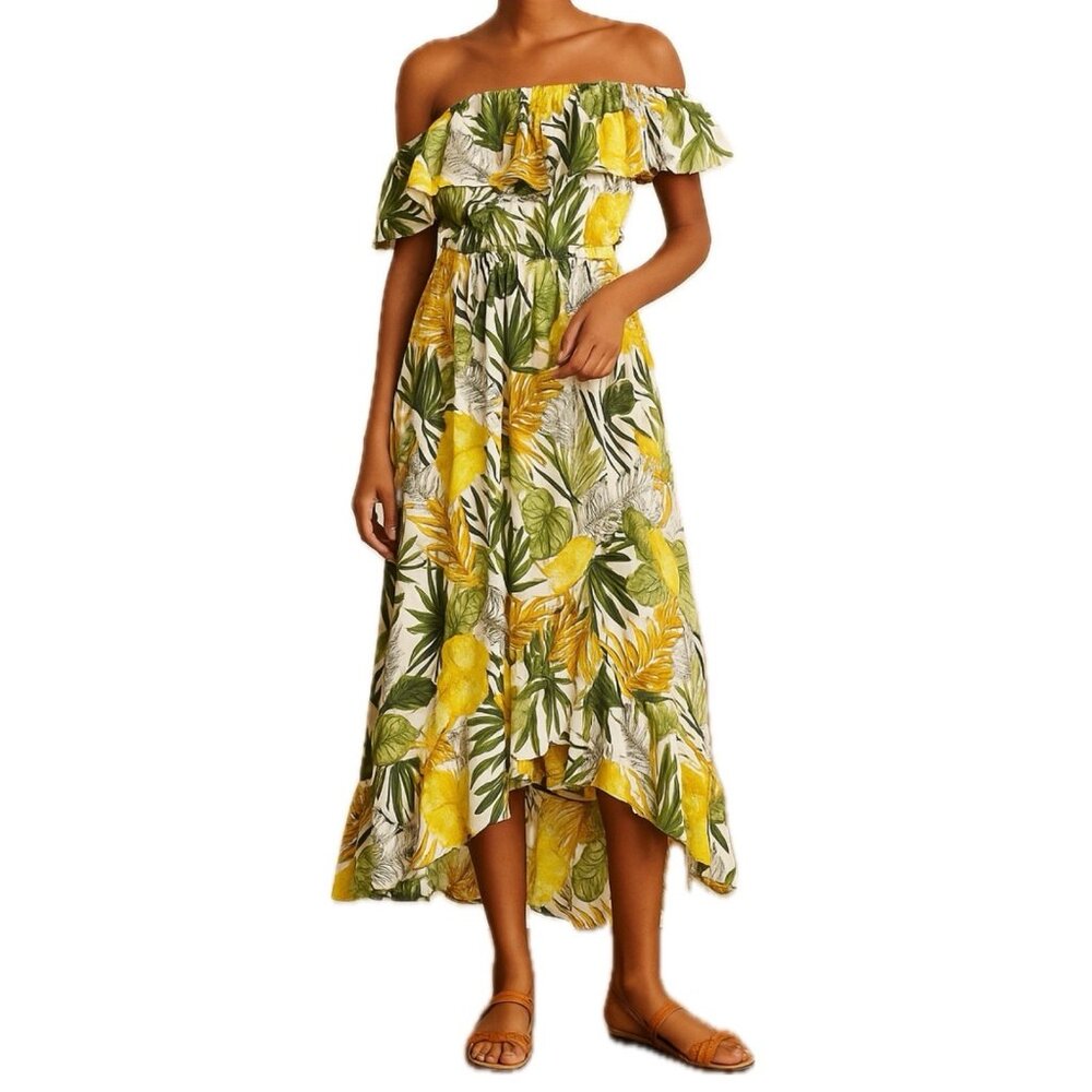 Abel the Label Tropical Leaf White High Low One Shoulder Maxi Dress XS